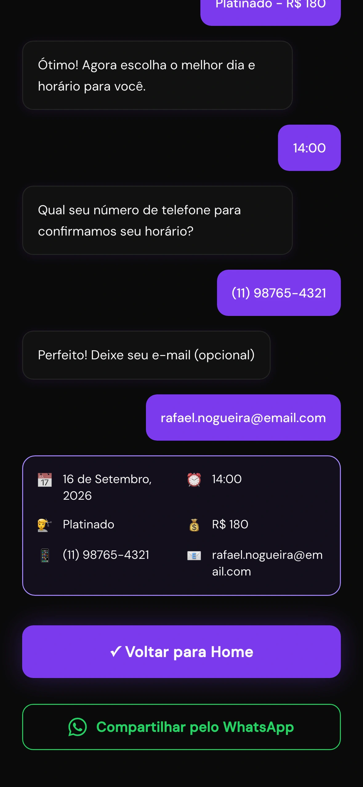 Tela de confirmação do agendamento