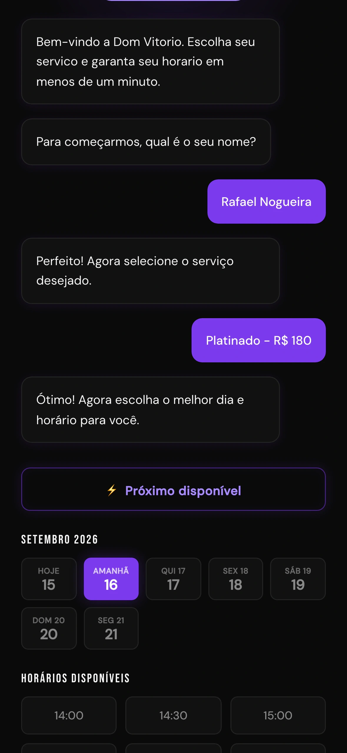 Tela de escolha do horário no fluxo de agendamento
