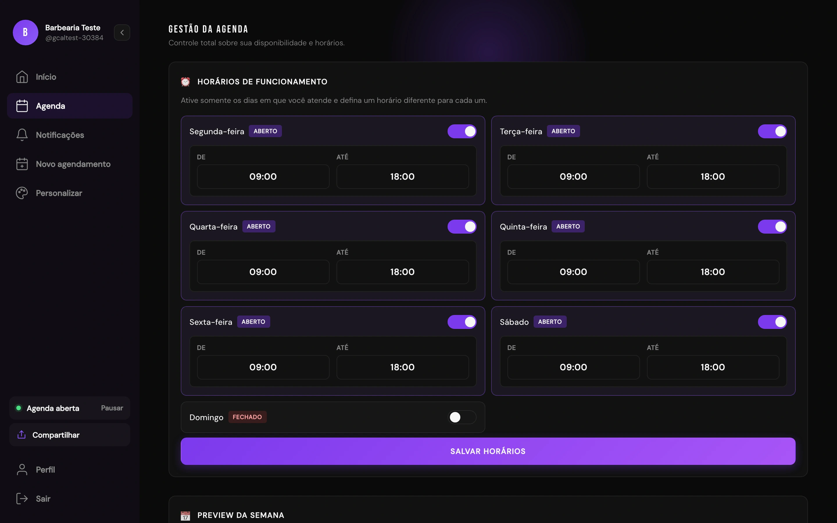 Painel de configuração da agenda