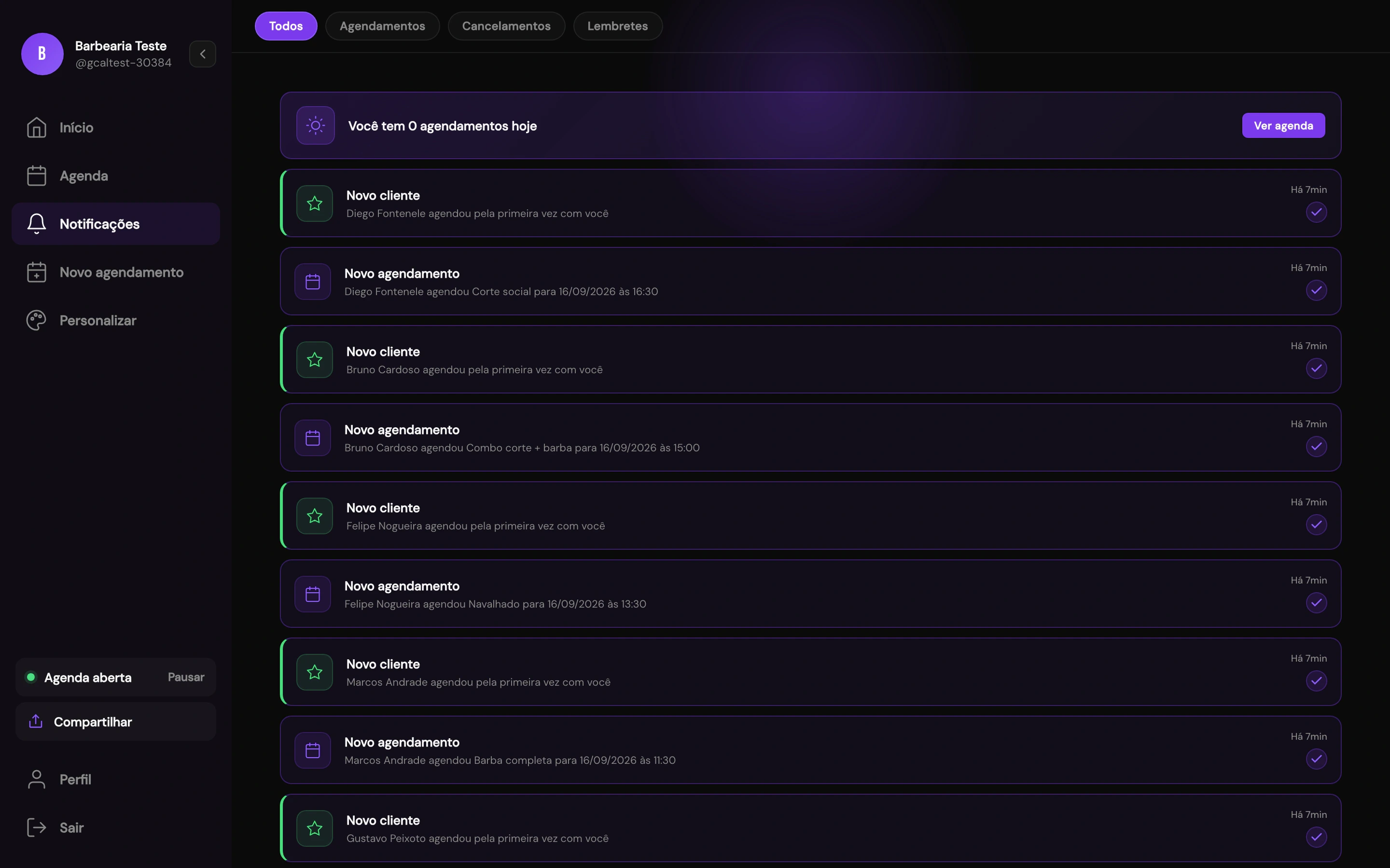 Painel de notificações